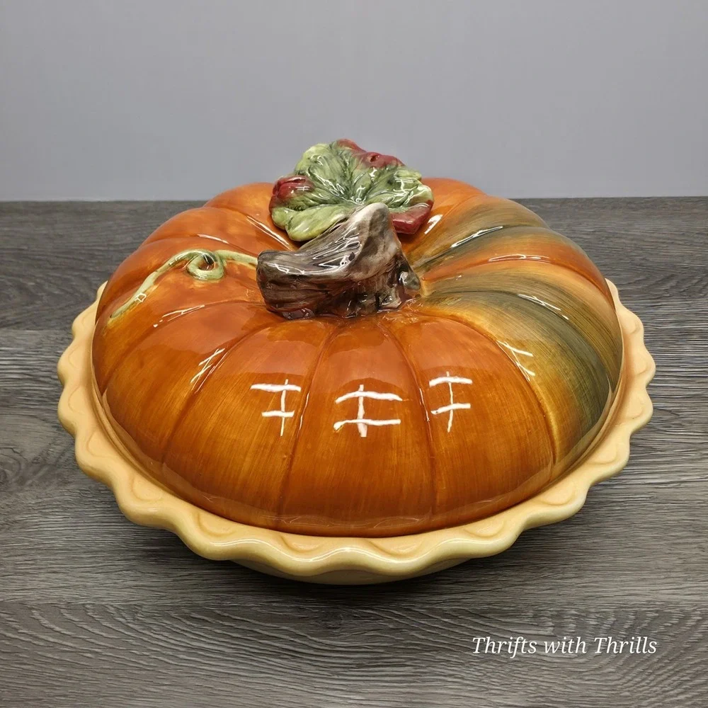 Vintage Cracker Barrel Ceramic Pumpkin Patch Pie Plate And Lid - Fall Is Here!!